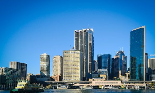 Sydney city skyline shot with circular quay including quay, skyscrapers and few vessels